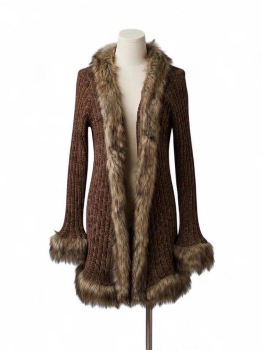 NWT Dolls Kill Current Mood Furry Foe Faux Fur Trim Long Cardigan XS/S